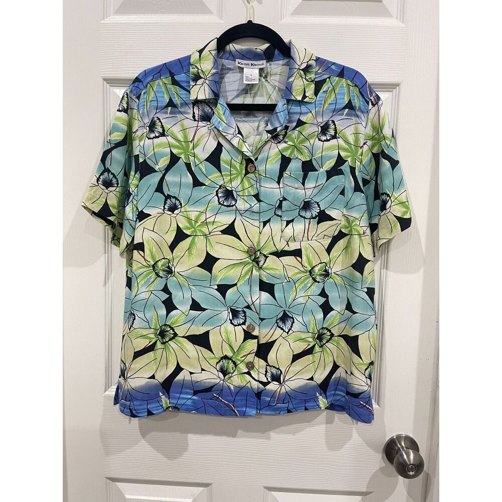 Kriss Kross Shirt Womens 12 Silk Floral Hawaiian Button Up Camp Casual